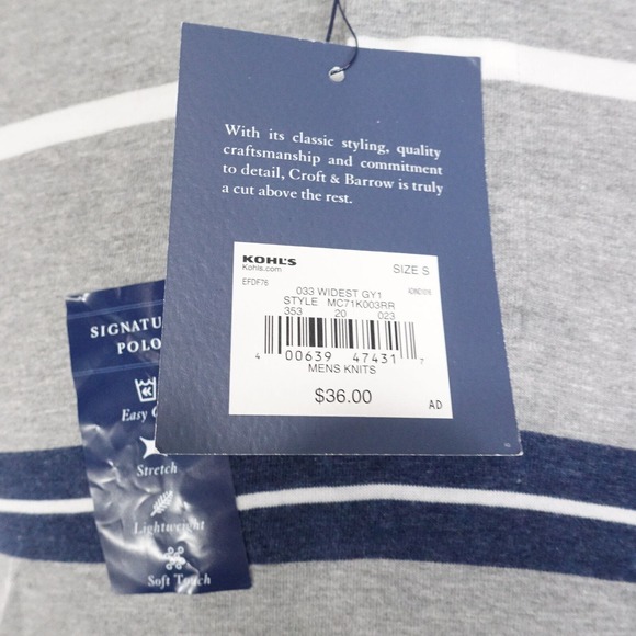 NWT CROFT & BARROW GREY STRIPED SIGNATURE POLO SHIRT MENS SZ S SMALL NEW! - Picture 6 of 8
